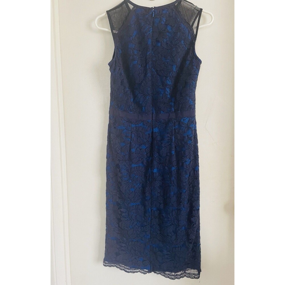 Maggy London Blue Black Floral Lace Sheath Dress Sleeveless Round Neck Zip 6